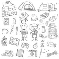 Hand drawn kids drawing Vector illustration set of camping icons in doodle style