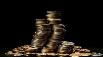 Stack of coins. Cash currency on a black background. Front view. AI Generated photo