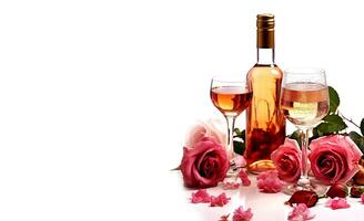un botella de Rosa vino sin etiqueta, dos lentes y un romántico ramo de flores de flores en un blanco antecedentes. ai generado. foto