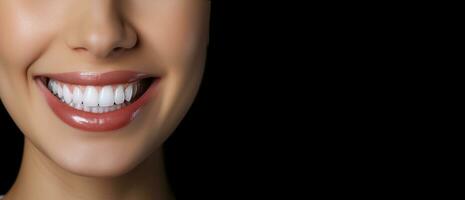 Close up of a smile with white straight teeth. Satisfied client of the dental clinic. Attractive smile of a girl on a black background with space for text. AI generated. photo