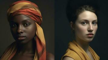 retrato de un hermosa africano americano mujer en un turbante y un natural rubia de europeo apariencia. interétnico belleza concepto. foto