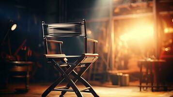 An empty director chair in front of an empty film set. Gloomy background photo
