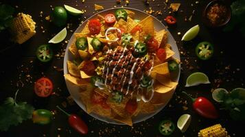 Nachos. Crispy tortilla chips topped with melted cheddar cheese, salsa. AI photo