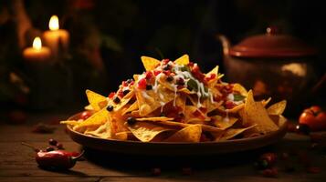 Nachos. Crispy tortilla chips topped with melted cheddar cheese, salsa. AI photo