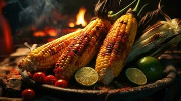 Grilled Mexican Street Corn, charred cobs are slathered in sour cream. photo