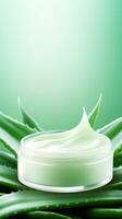 Aloe vera cosmetic cream with green leaf on green background. AI generated photo
