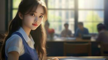 Korean girl at school. Cartoon style. Beautiful Asian teen girl. photo