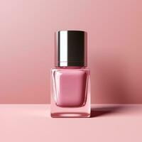 Pink nail polish bottle isolated on pink background. Square frame. AI photo