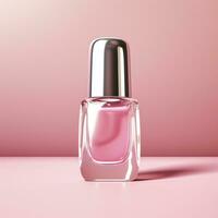 Pink nail polish bottle isolated on pink background. Square frame. AI photo