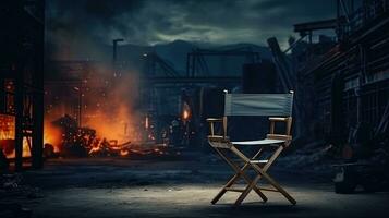 An empty director chair in front of an empty film set. Gloomy background photo