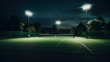 View of a tennis court with light from the spotlights over dark background photo