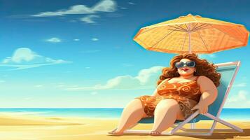 Beautiful plus size woman on summer beach. Sunny cartoon image photo