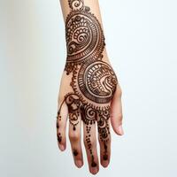 Female hand with beautiful henna tattoo on white background, closeup photo