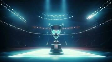 Champion trophy cup on sport stadium background. Dark banner photo