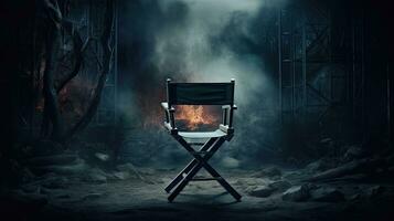 An empty director chair in front of an empty film set. Gloomy background photo