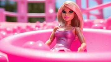 Summer concept background, little doll in plastic pink toy pool photo