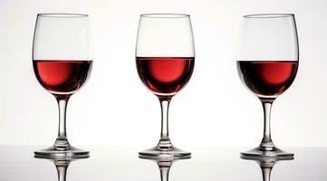 Red wine on a white background. Three wine glasses are reflected on a glossy white table. Front view, close up. photo