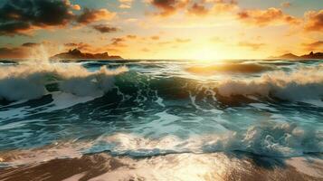 el mojado arena de el playa en contra espumoso Oceano agua a amanecer. generativo ai foto