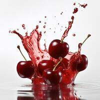 Flying cherries into juice. Splashes of herry wine. Splashes of cherry juice. Berry levitation. AI generated. photo