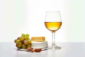 White wine with cheese and nuts on a white background. AI Generated photo