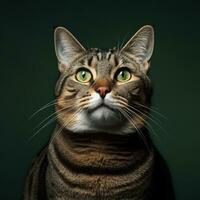 ilustración de un linda grasa atigrado gato aislado en un oscuro antecedentes. para gato comida publicidad. generativo ai foto
