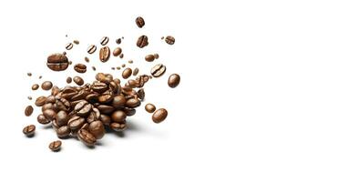 Flying brown coffee beans on a white background with space for text. Generative AI photo