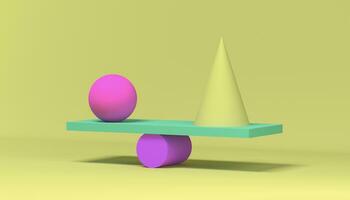 3D render composition balancing balanced geometric shapes on a yellow background. photo