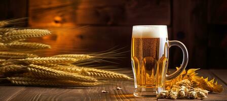 Beer in a mug on a wooden table. A glass beer against the background of ears of wheat. AI Generated photo