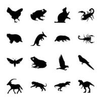 paquete de animal y pájaro criaturas sólido icono vectores
