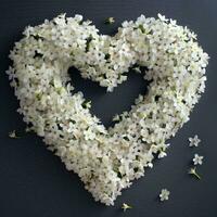 blanco pequeño flores en un negro antecedentes en el forma de un corazón. floral antecedentes. un símbolo de amor. ai generado foto