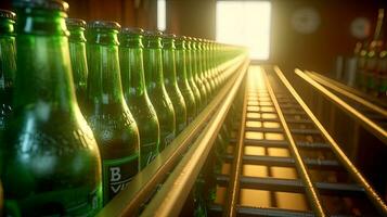 Green bottles on conveyor belt in factory. AI Generated photo