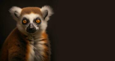 Close-up portrait of a wide-eyed lemur on a horizontal background with space for text. Generative AI. photo