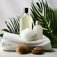 Spa still life with massage oil, towels and coconut on white background photo