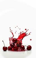 Splashes of red cherry juice on a white background. Ripe cherries. AI generated photo