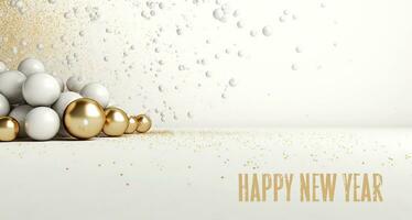 Happy New Year background with gold and white christmas balls. photo