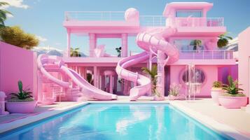 Pink luxury house with pool for a doll. A house for a blonde photo