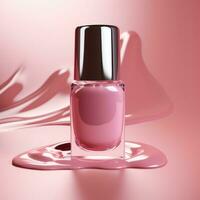 Pink nail polish bottle isolated on pink background. Square frame. AI photo