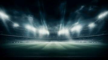 Stadium lights against dark night sky background. Soccer match lights. AI photo