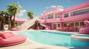 Pink luxury house with pool for a doll. A house for a blonde photo