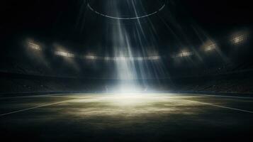 Stadium lights against dark night sky background. Soccer match lights. AI photo