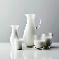 Milk on a white background. Farm milk in a glass. Lactose-free milk on a white table. A set of dairy products. photo
