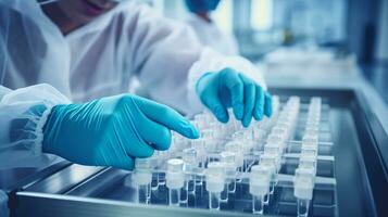 Close-up of a female researcher carrying out scientific research in a lab. photo