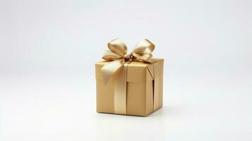 Gift box with gold bow isolated on white background, clipping path included. photo