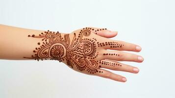 Female hand with beautiful henna tattoo on white background, closeup photo