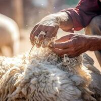 Close up of a sheep being sheared by a farmer. photo