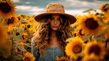 Portrait of a beautiful girl in a field of sunflowers. Beautiful young woman with sunflowers enjoying nature on summer sunflower field. photo