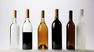 botellas de vino en un blanco antecedentes. de colores vaso. foto