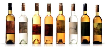 Bottles of wine on white background. Wine collection. A set of glass bottles. AI Generated photo