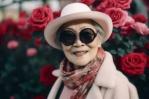 Asian mature woman roses. Generate Ai photo