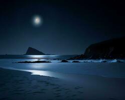 luz de la luna en un oscuro noche en un hermosa solitario playa. foto